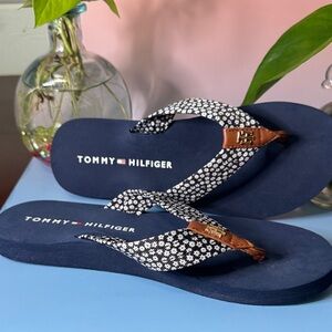 Tommy Hilfiger Navy and White Patterned Flip Flops-NEVER WORN!